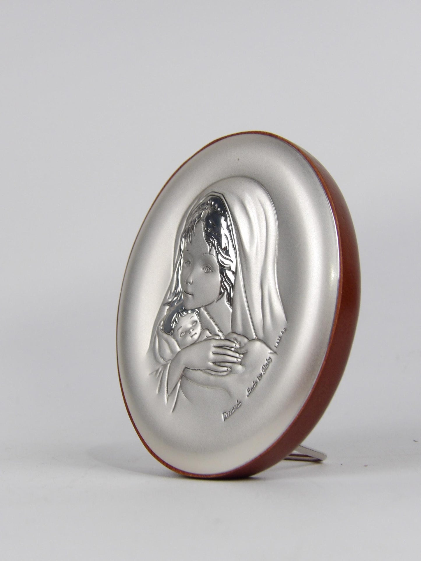 Mary with Baby in Oval Silver Laminate with Wooden Back