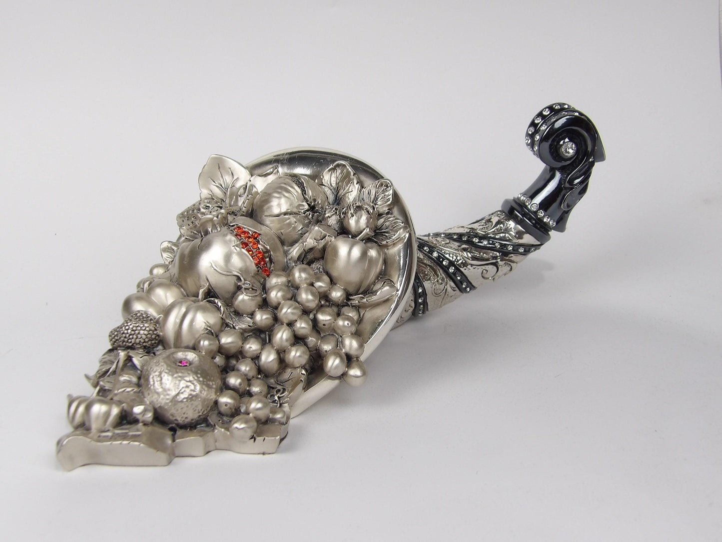 Handmade Silver-Coated Resin Cornucopia with Fruits and Black & Golden Accents