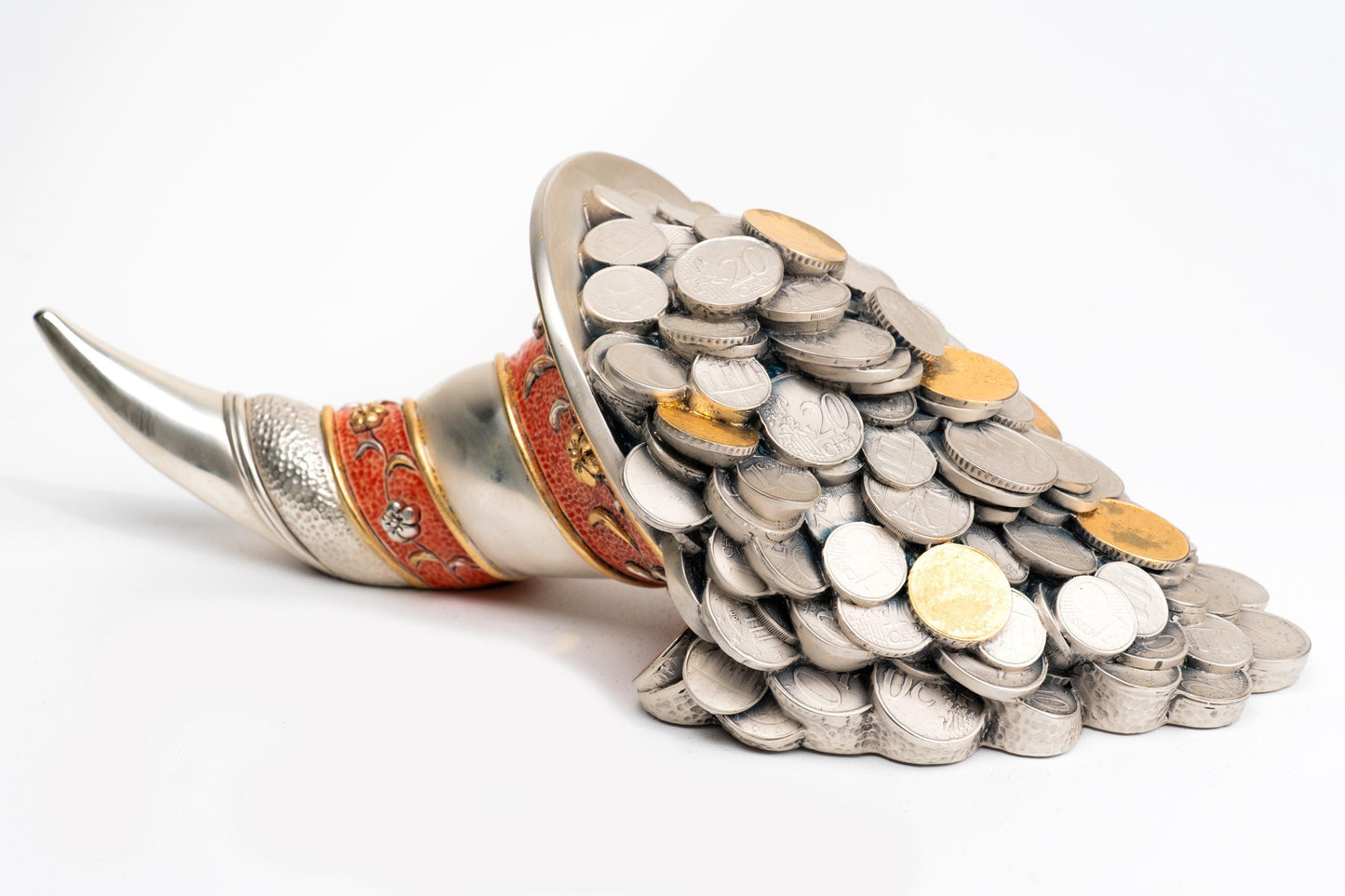 Handmade Silver-Coated Colored Cornucopia with Coins
