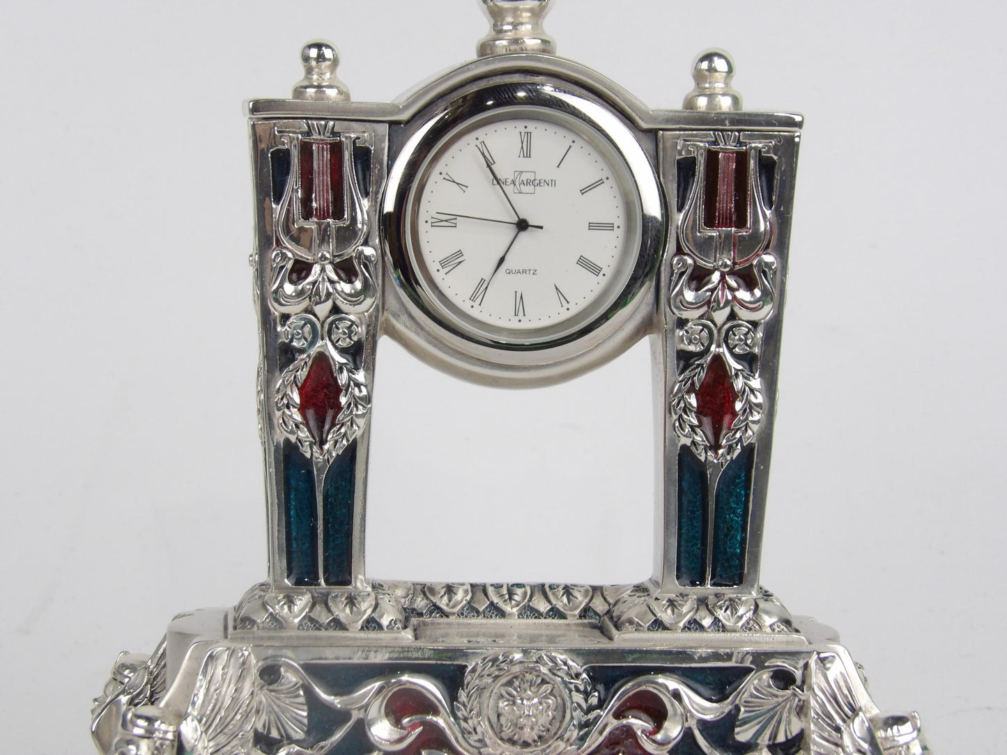 Table Clock with Silver Resin and Colored Enamel Decoration
