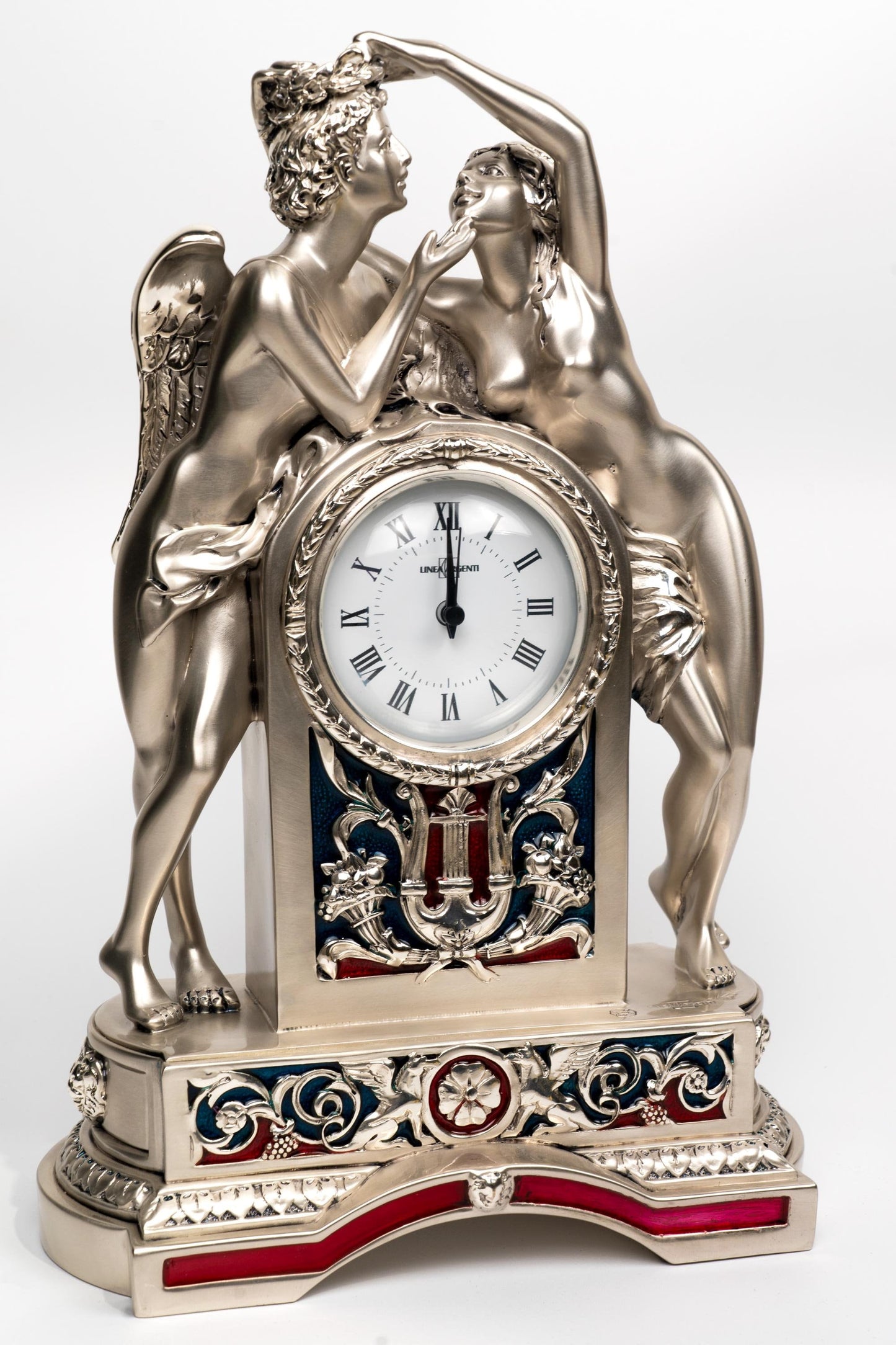 Eros & Psyche Silver Resin Clock with Enamel Accents