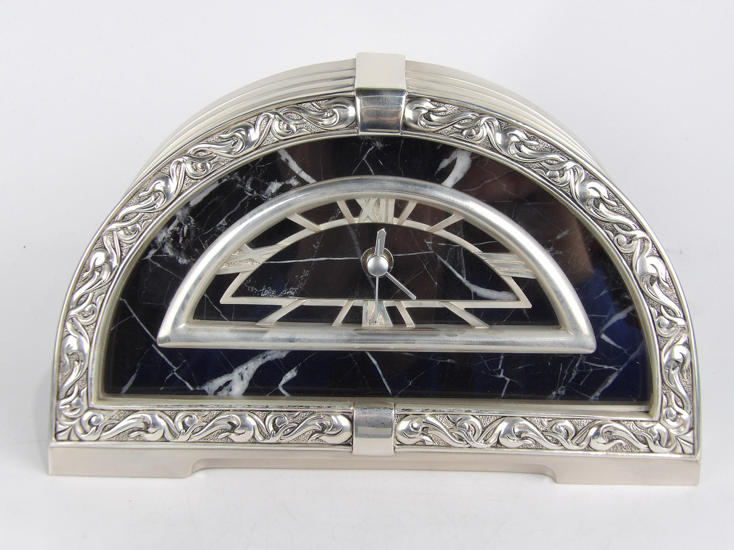 Vintage Silver Resin Table Clock with Black Marble Inlay