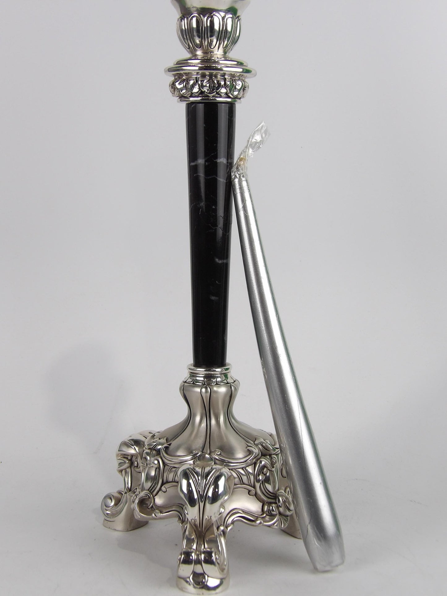Handmade Silver Resin Candle Holder with Black Marble and Candle Stick
