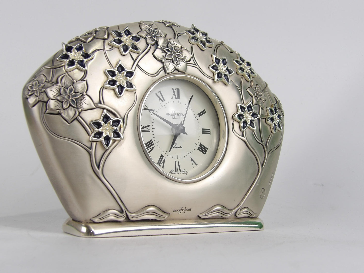 Floral Silver Resin Clock with Enamel Decorations