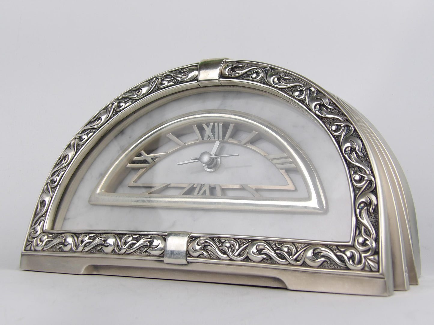 Vintage Silver Resin Table Clock with White Marble Inlay