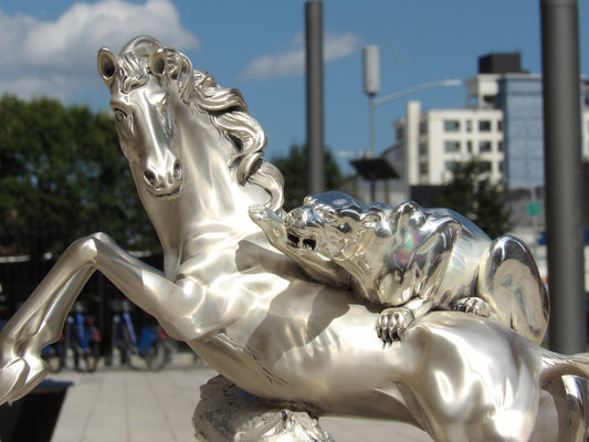Horses Sculpture – Silver-Coated Resin on Mahogany Base: A Majestic Tribute to Grace and Strength
