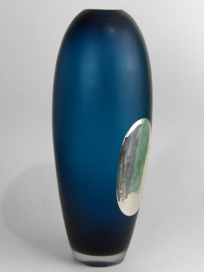 Blue long cut vase with silver coated bilaminate
