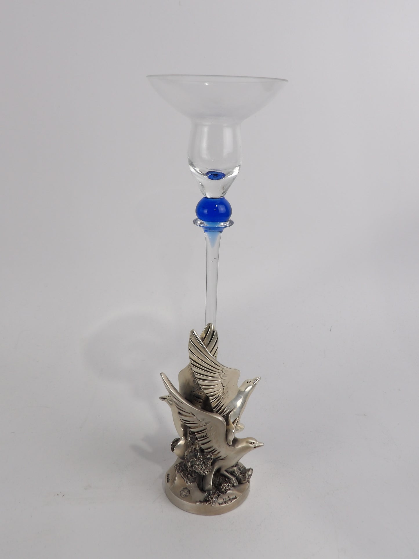 Crystal Candle Holder with Blue Glass Accent and Silver Bird Base – Exquisite Italian Design