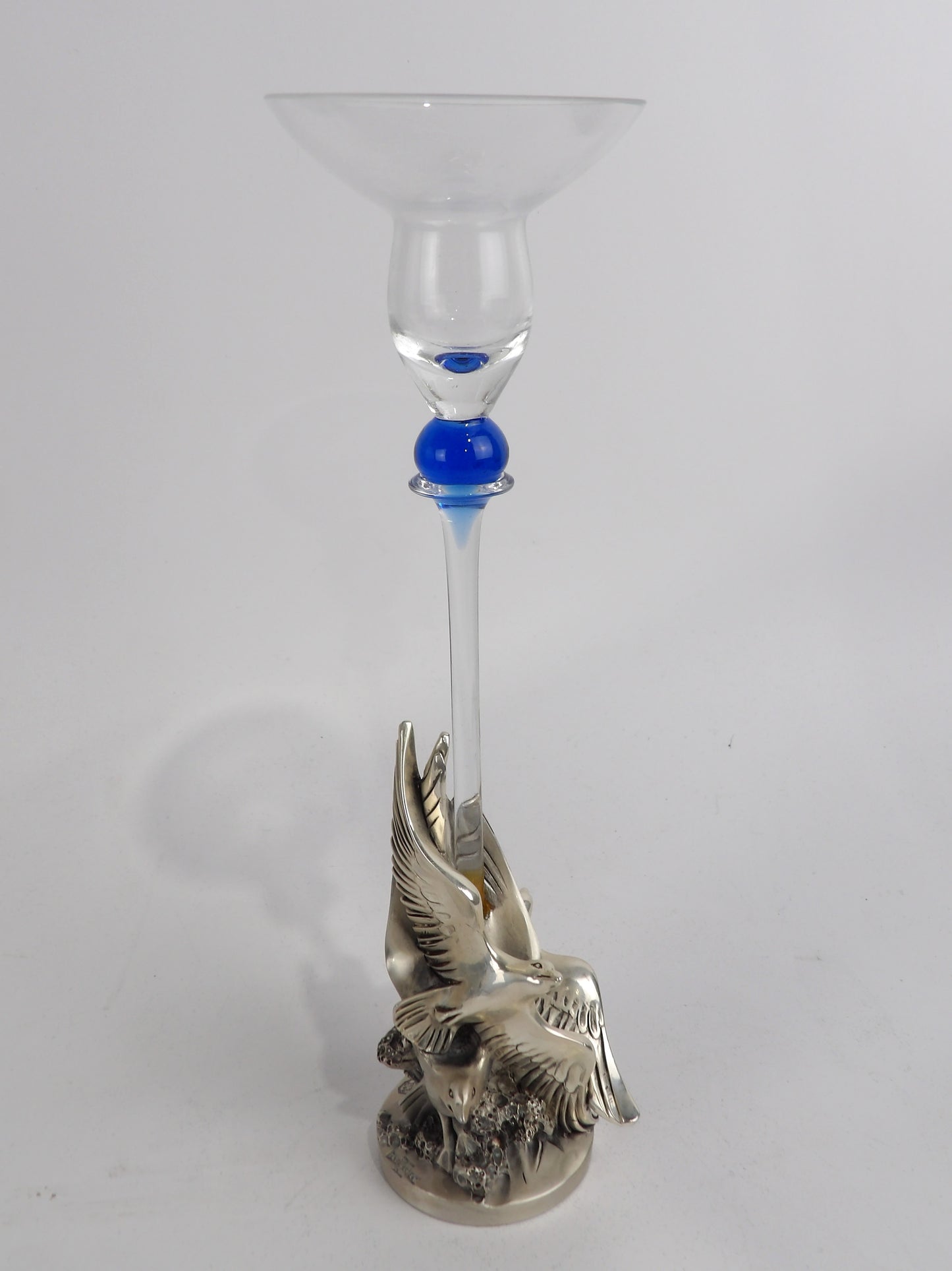 Crystal Candle Holder with Blue Glass Accent and Silver Bird Base – Exquisite Italian Design