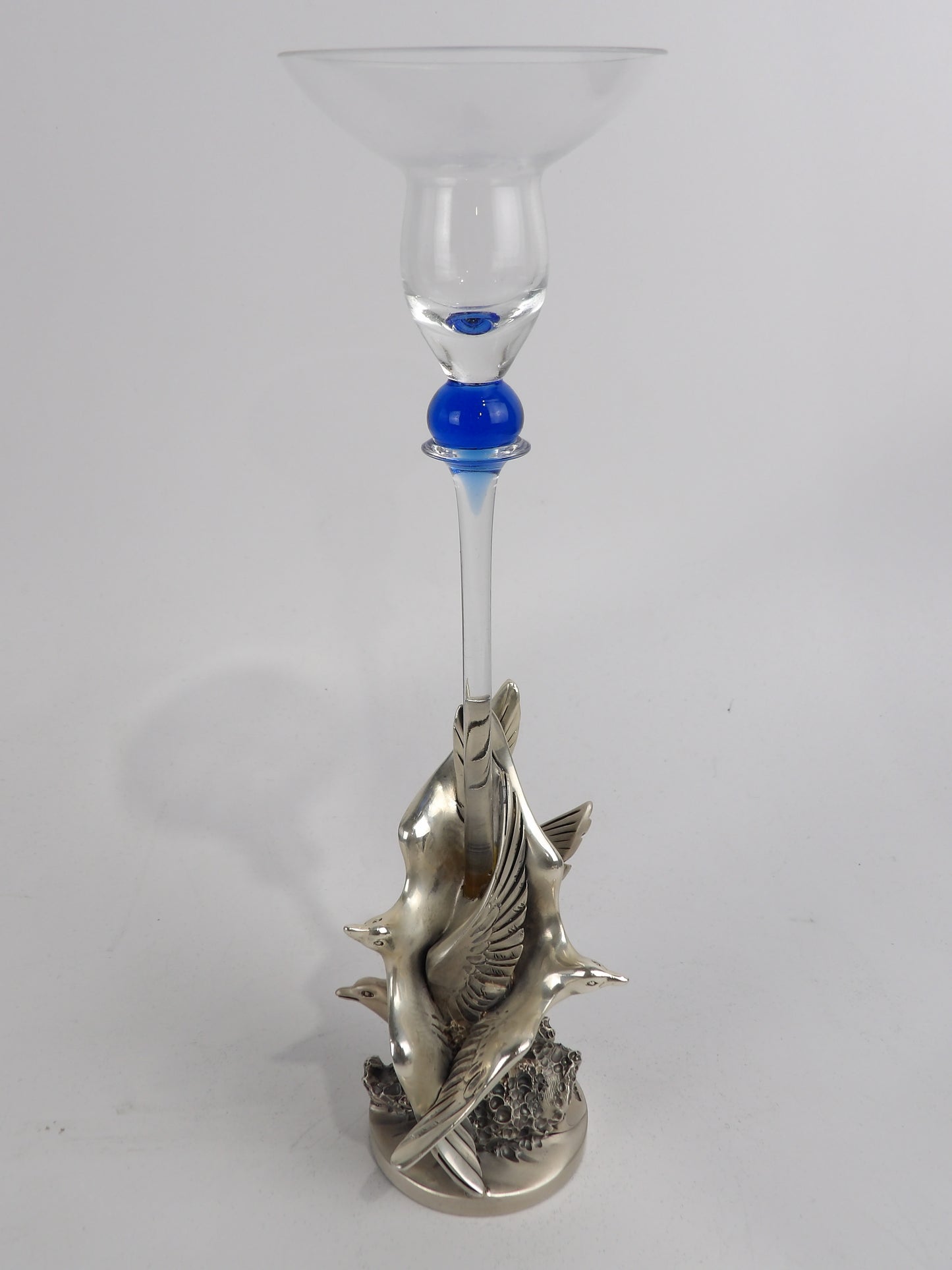 Crystal Candle Holder with Blue Glass Accent and Silver Bird Base – Exquisite Italian Design