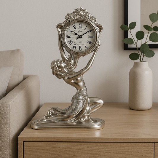 Reloj de resina plateada - Mujer arrodillada: una elegante fusión de arte y funcionalidad