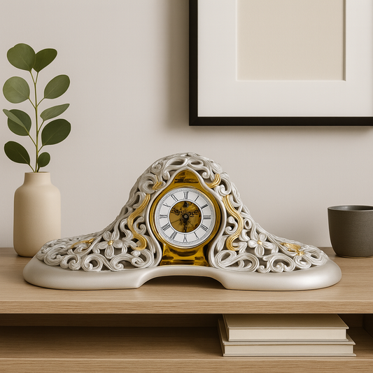 Reloj mecánico de péndulo en resina plateada con oro – Estilo barroco: Una obra maestra de opulencia y precisión