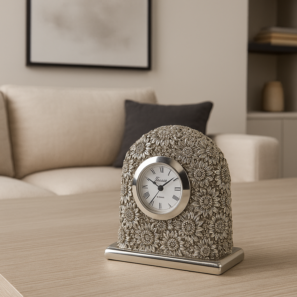 Reloj de mesa de resina plateada con diseño de girasol