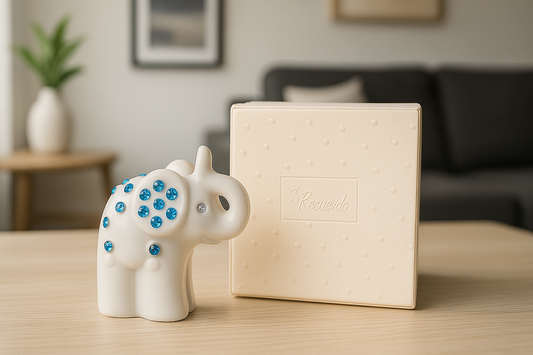 Ceramic White Elephant With Blue Rhinestone in Leather Case