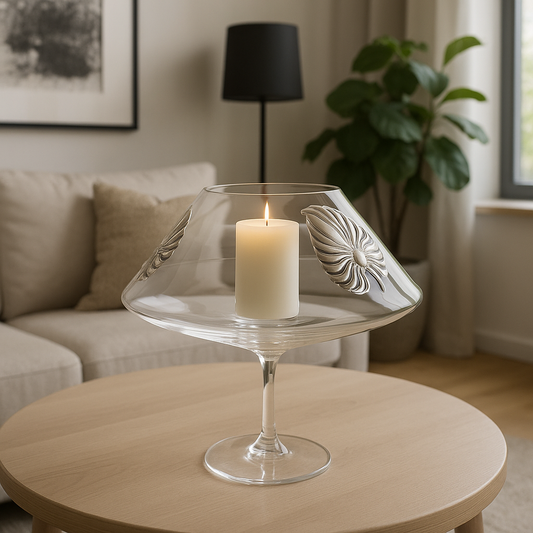 Clear Glass Candel holder with silver bilaminate subject "Leaves"