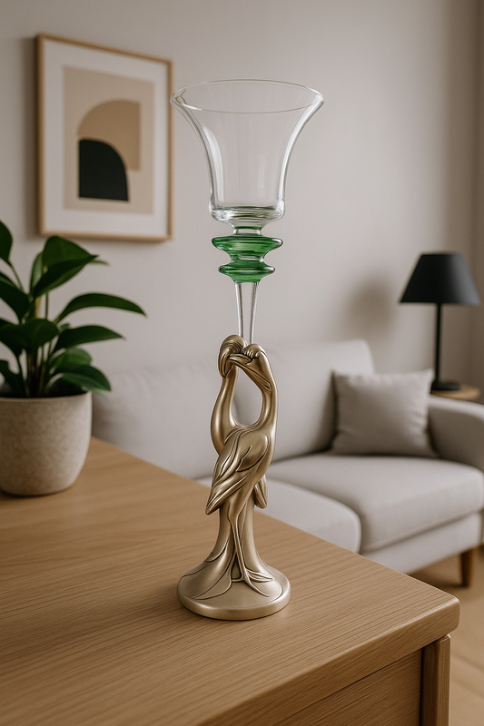 Gansos de vidrio transparente con detalles verdes y resina plateada