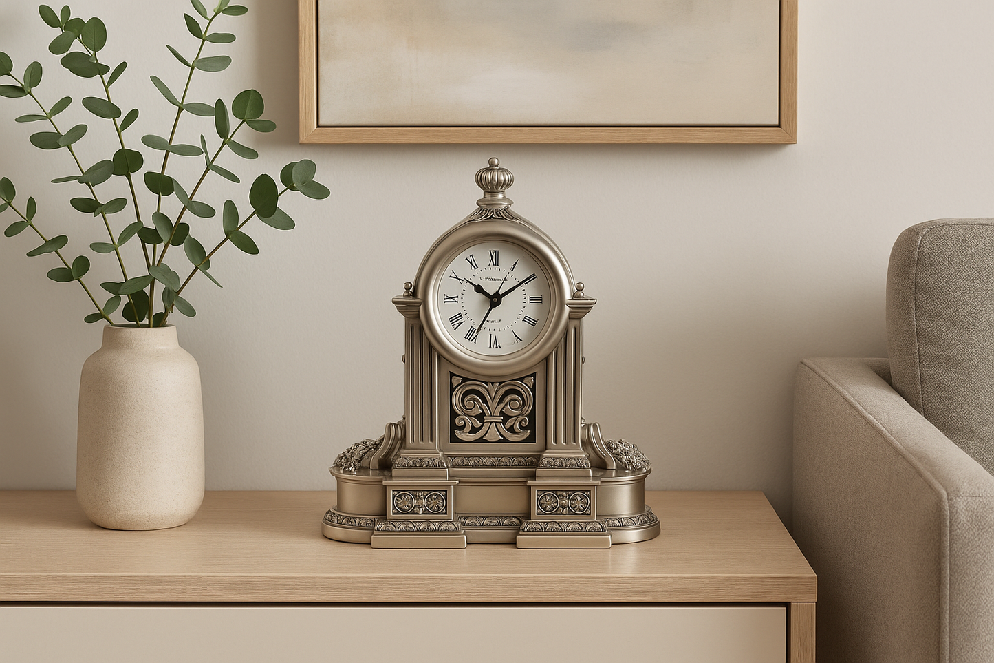 Clock with Cornucopia in Silver Resin - A Symbol of Abundance and Elegance