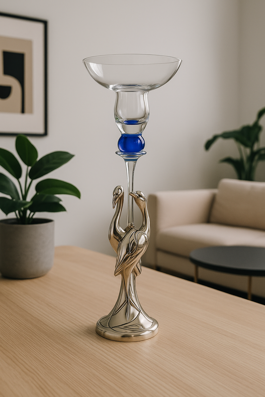 Clear Glass Candle Holder with Blue and Silver Resin Geese