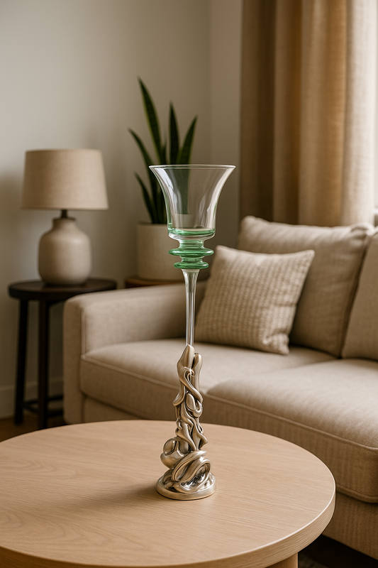 Clear Glass Candle Holder with Green Accents and Silver Resin Base