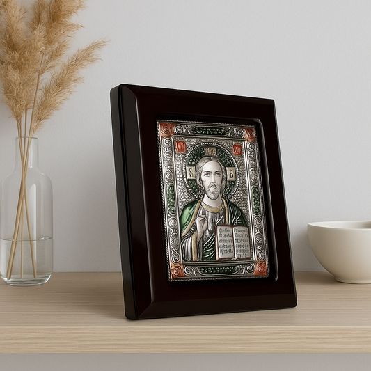Colored Silver Jesus with Holy Bible in Wooden Frame