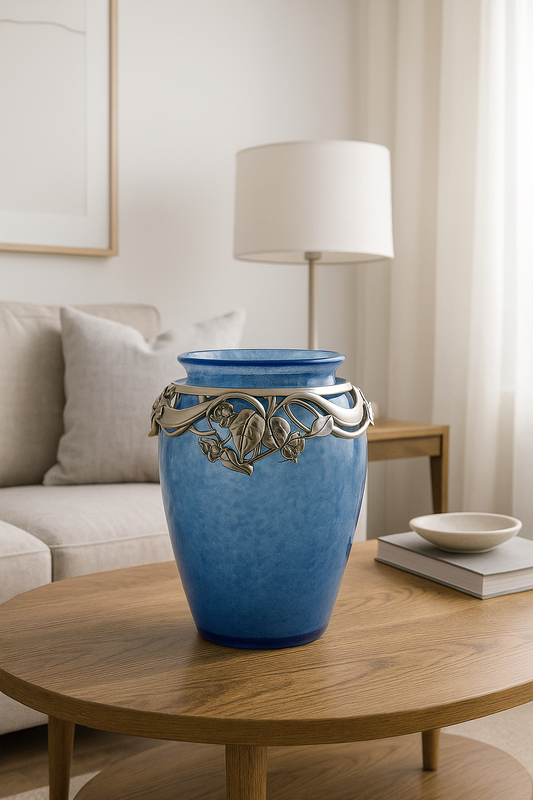 Crystal Blue cut vase with silver coated lamination