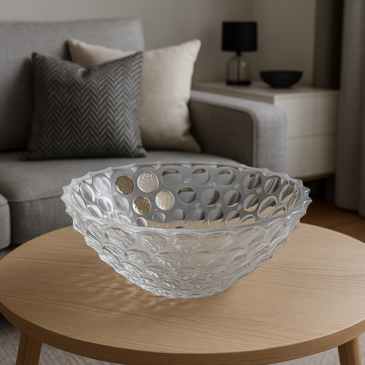 Crystal bowl with bubbles decoration in silver-coated bilaminate