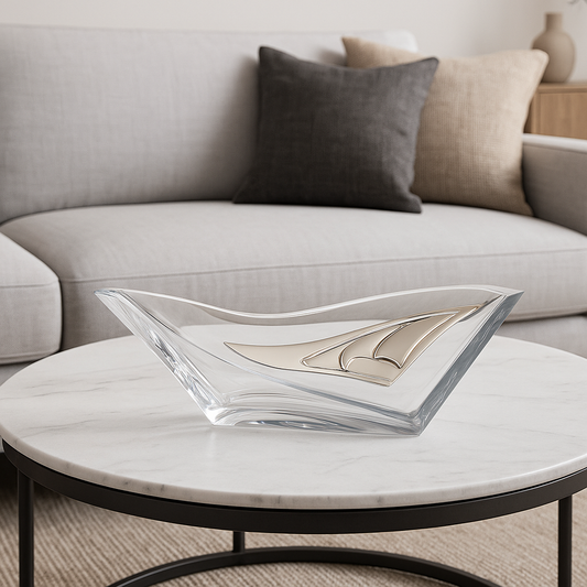 Crystal bowl with decoration in silver-coated bilaminate