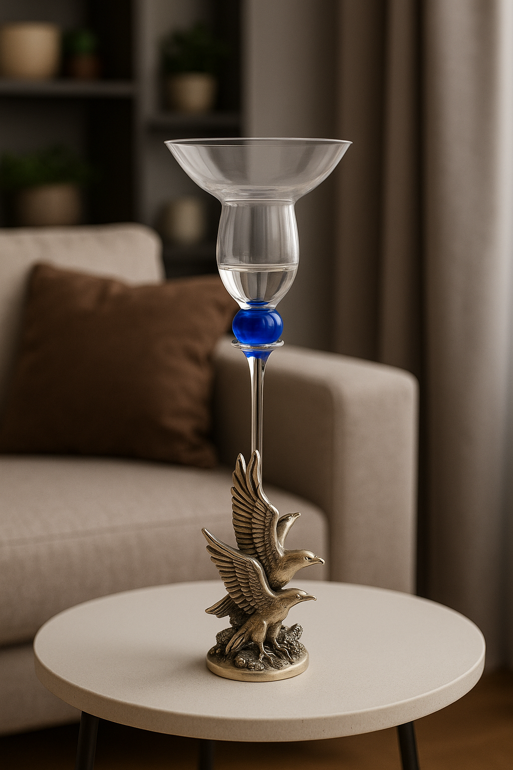 Crystal Candle Holder with Blue Glass Accent and Silver Bird Base – Exquisite Italian Design