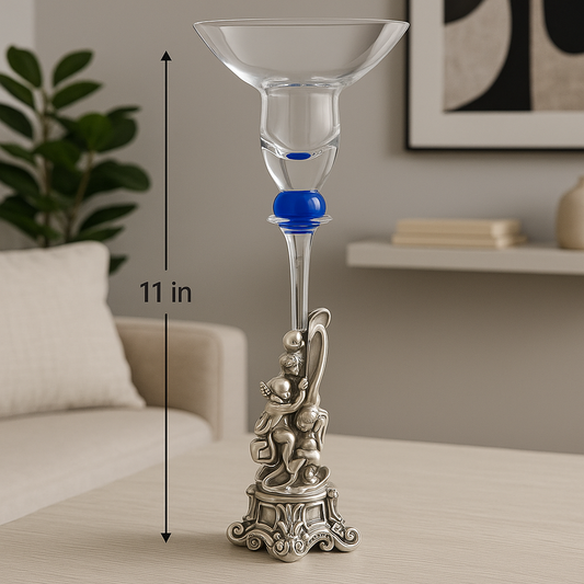 Crystal Candle Holder with Blue Glass Accent and Silver Resin Base