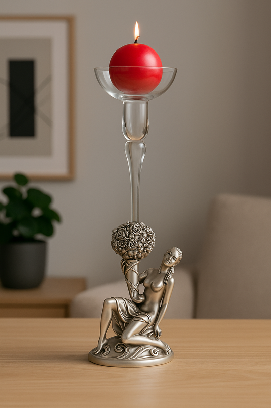 Crystal Candle Holder with Frosted Glass Accent and Silver Resin Base