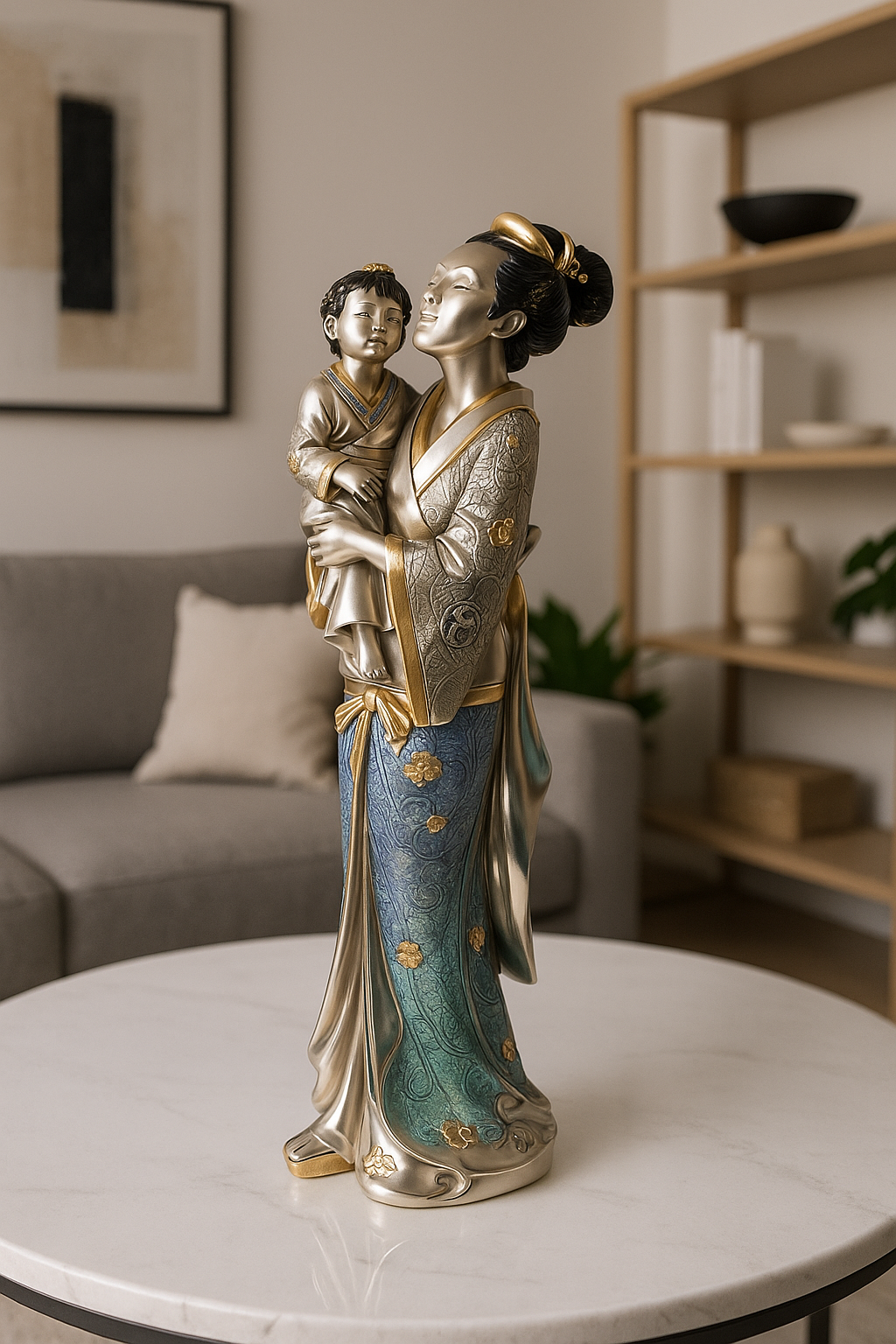 Asian Lady Holding a Girl – Silver Resin with Gold and Color Details