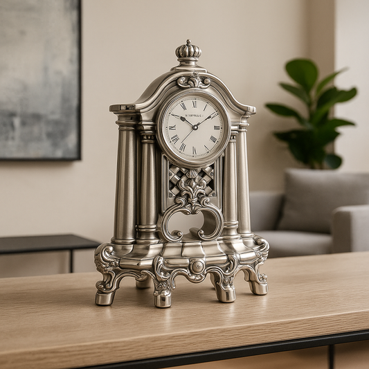 Baroque Style Table Clock in Silver Resin
