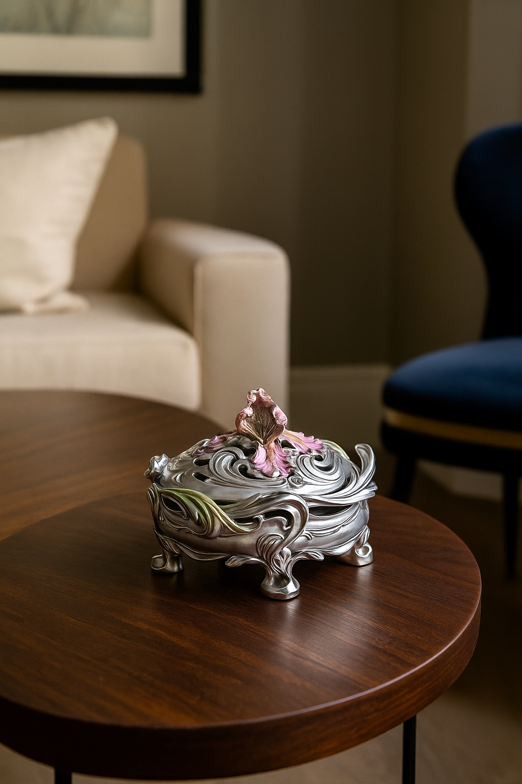 Casket 'Flowers' in Silver Resin Painted with Gold - Elegant Storage with Artistic Charm