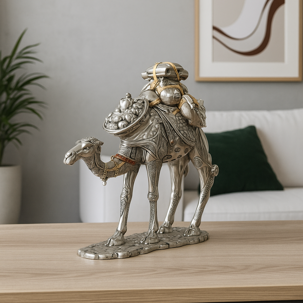 Camel-carrying stuff in silver resin with rhinestones and gold details