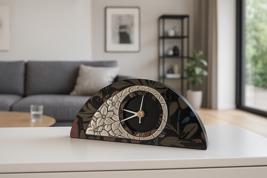 Black Mahogany Table Clock with Silver-Coated Bilaminate Floral Design