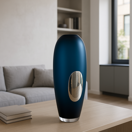 Blue long cut vase with silver coated bilaminate