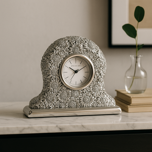 Reloj de mesa de resina plateada con diseño de girasol radiante