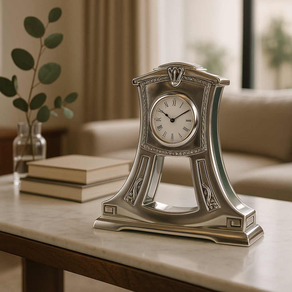 Lujoso reloj de mesa de resina plateada con un diseño elegante.