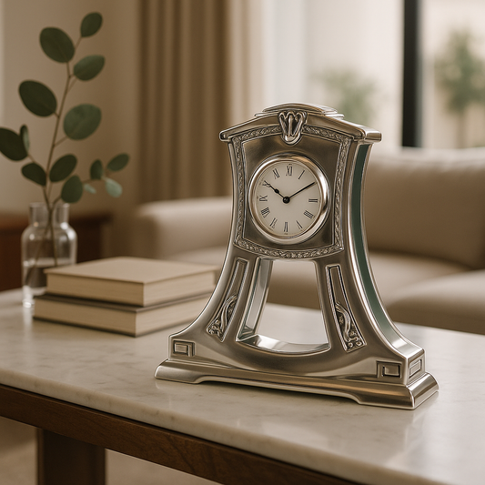 Lujoso reloj de mesa de resina plateada con un diseño elegante.