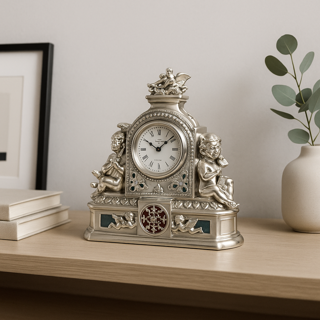 Reloj de mesa de resina plateada con detalles de colores y diseño infantil