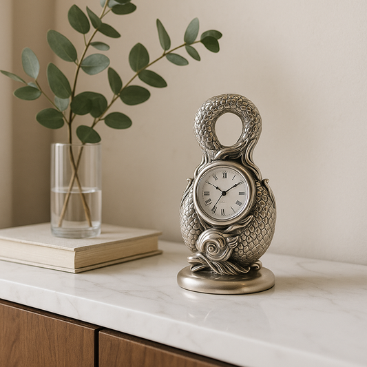 Reloj de mesa con resina plateada y diseño de 2 peces