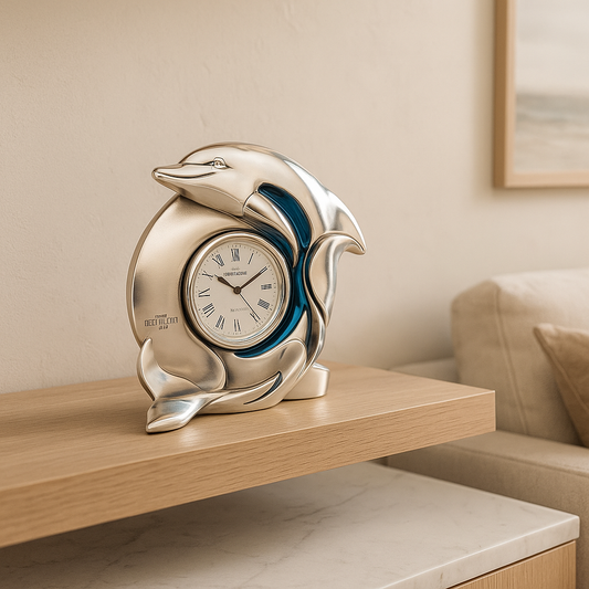 Reloj de mesa con delfín de resina plateada