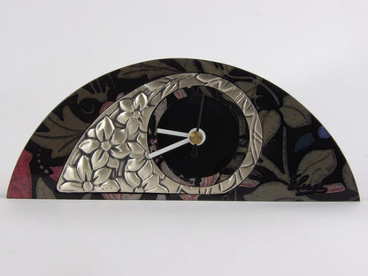 Black Mahogany Table Clock with Silver-Coated Bilaminate Floral Design