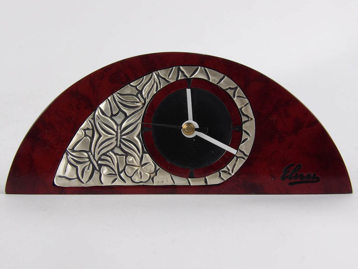 Reloj de mesa de caoba roja con bilaminado plateado
