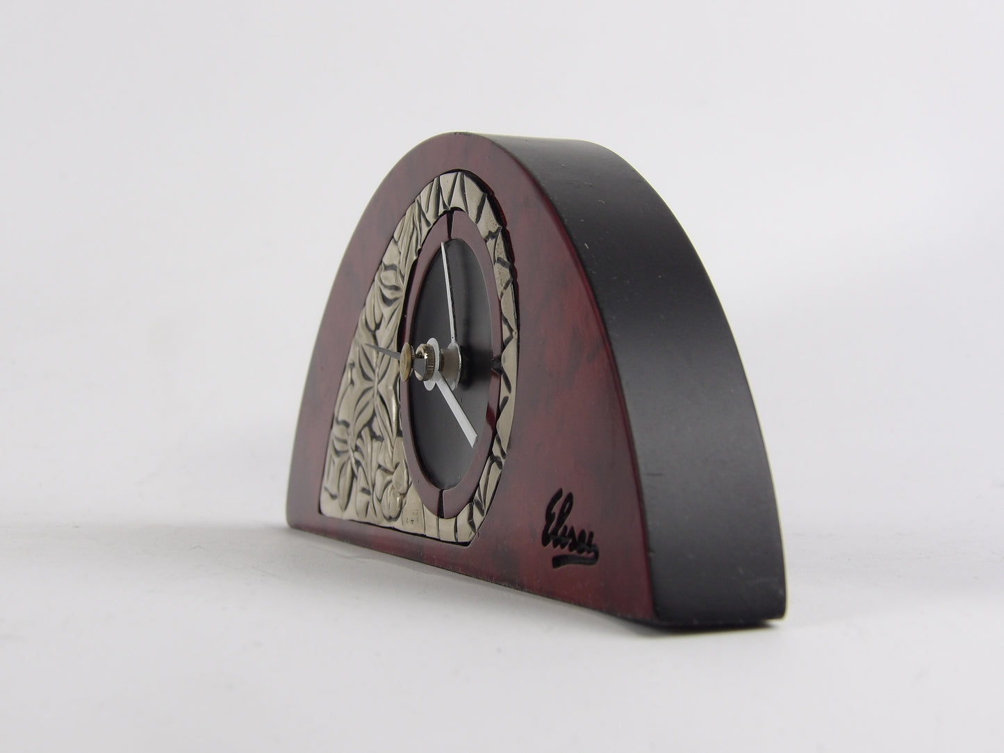 Reloj de mesa de caoba roja con bilaminado plateado