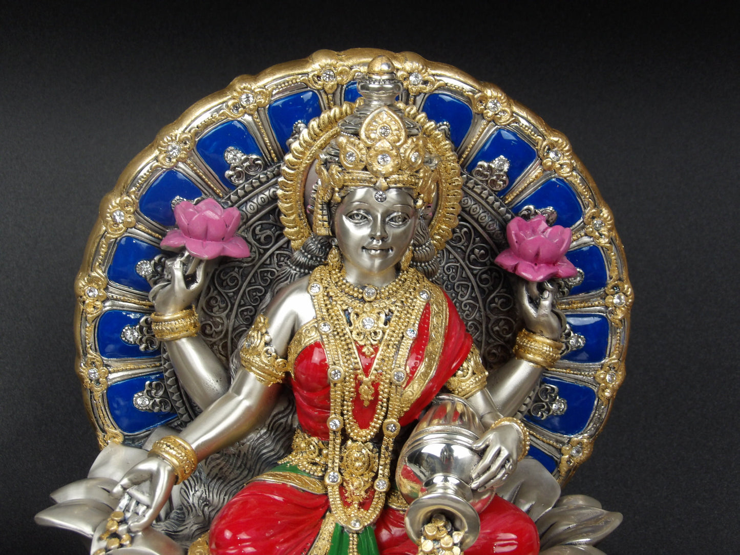 Bhagya Laxmi Statue in Silver Resin with Rhinestones, Gold, and Blue Details - Symbol of Prosperity and Grace