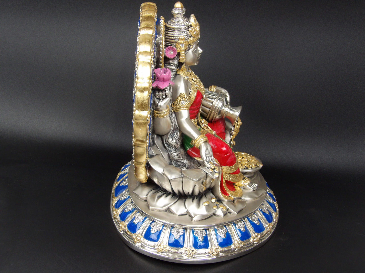 Bhagya Laxmi Statue in Silver Resin with Rhinestones, Gold, and Blue Details - Symbol of Prosperity and Grace