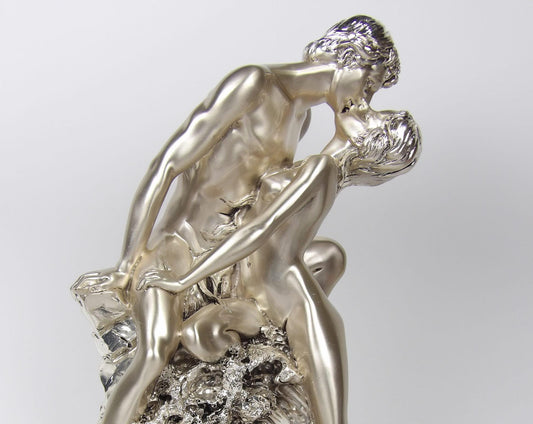 Silver Coated Resin He & Her on a Rock Sculpture Romantic and Elegant Decor