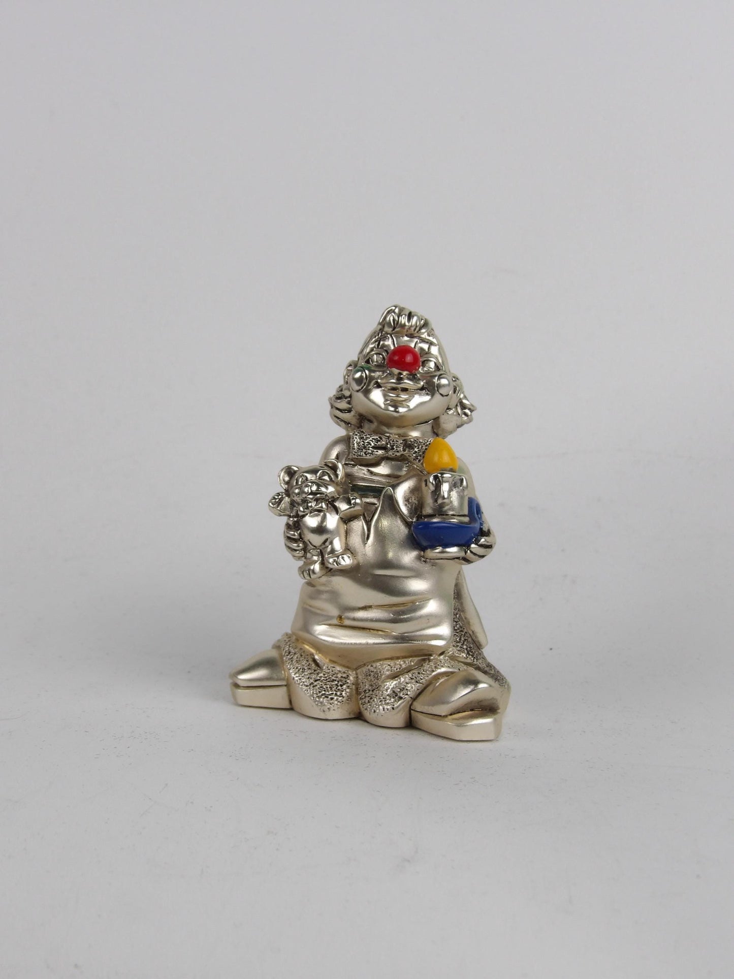 Silver Resin Clown with Colored Details – Joyful and Vibrant Art Sculpture