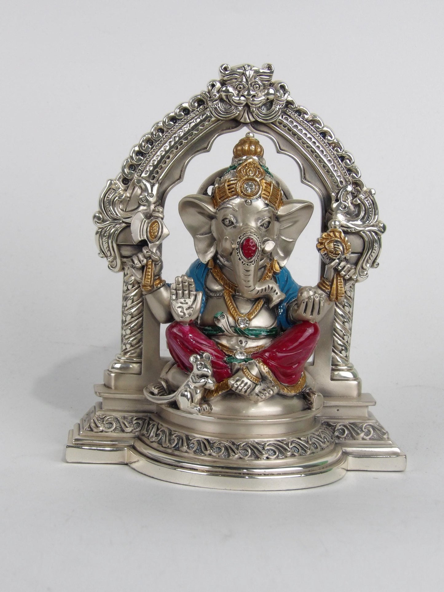 Lord Ganesha Sculpture – Silver Resin with Golden and Colored Details: A Deity Symbol of Wisdom